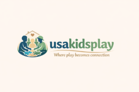 UsaKidsPlay logo showing parents and a teenager connecting through play, symbolizing trust, family bonding, and emotional growth.